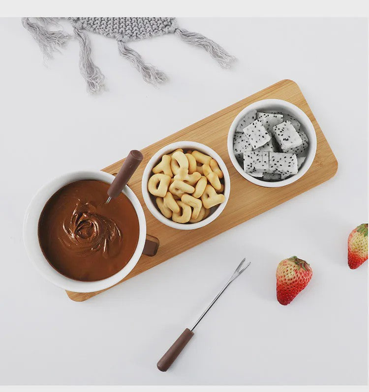 Mini Chocolade Fondue Set met Houten Dienblad en Vorkjes - Perfect voor Feestjes