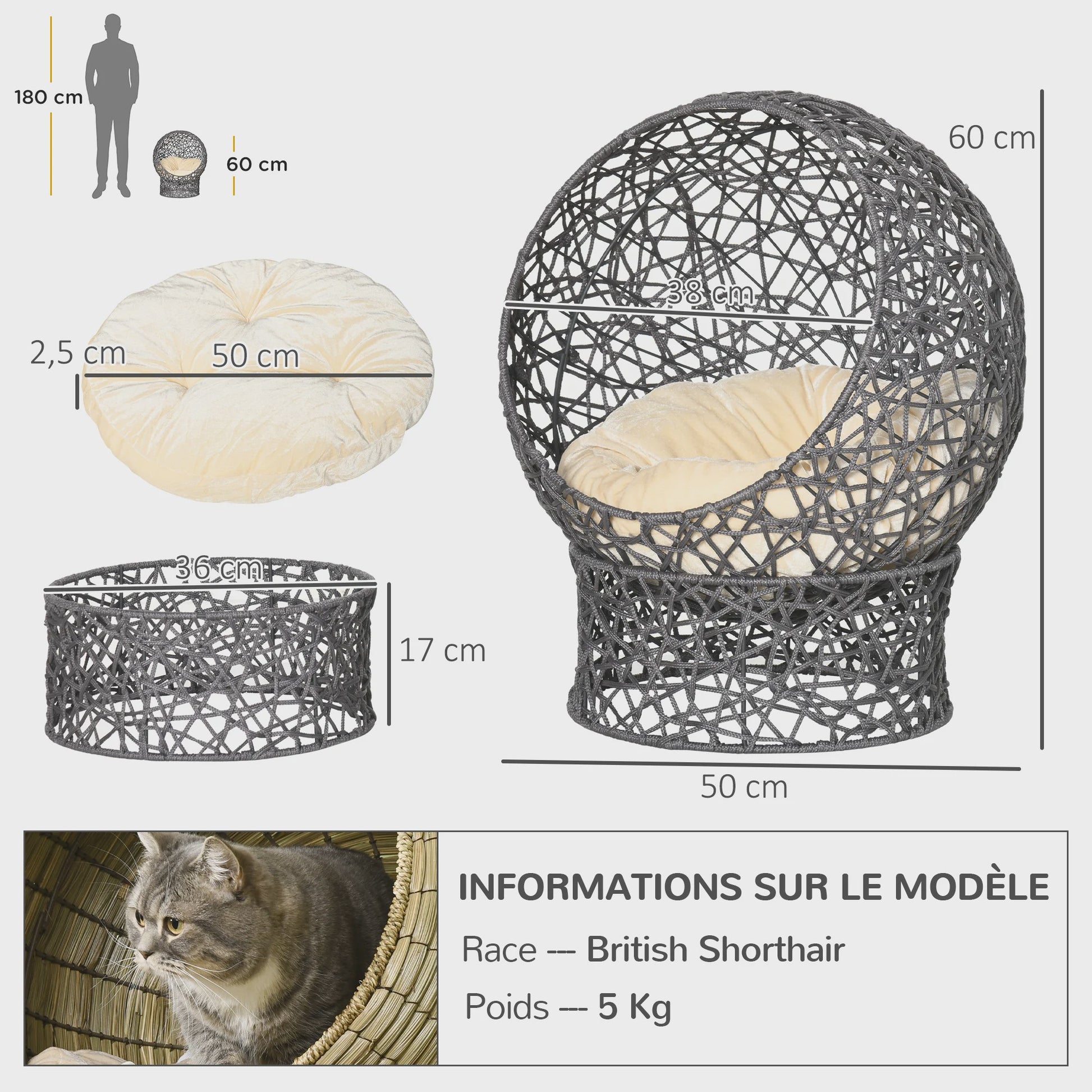 Luxe Kattenmand Mand met Kussen - Zacht Cream, Paars Polyester Touw - 50x50x60 cm