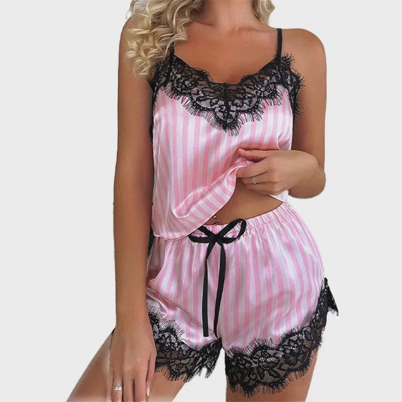 Dames Pyjamaset: Sexy Tweedelig Set met Kant, V-hals en Shorts