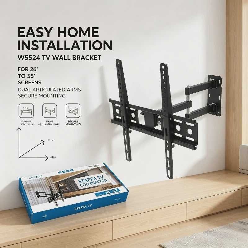 WETECH W5524 TV Muurbeugel - Dubbelarmig, Volledig Verstelbaar voor 26-55 Inch Schermen, 30kg Max, Kantelbaar