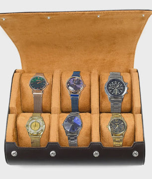 Reis Horloge Rol Koffer Organizer - 6 Slots - Luxe PU Leer & Suède Voering