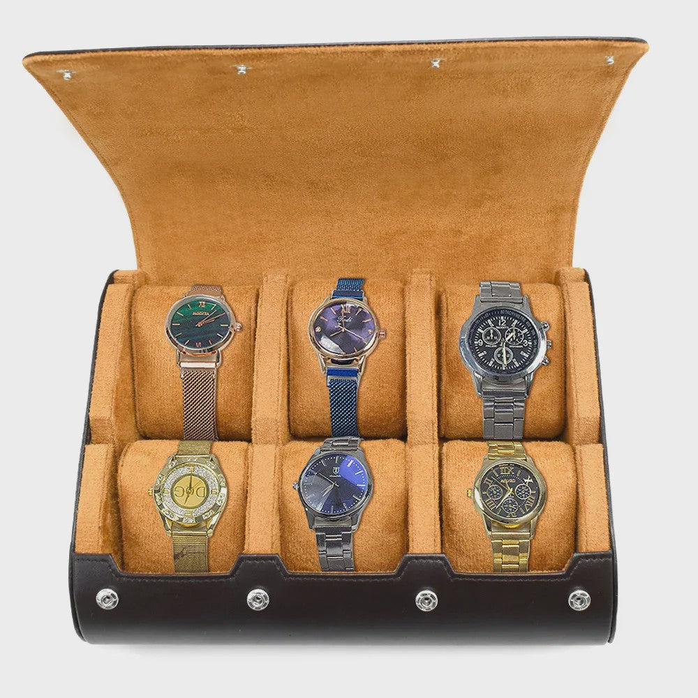 Reis Horloge Rol Koffer Organizer - 6 Slots - Luxe PU Leer & Suède Voering