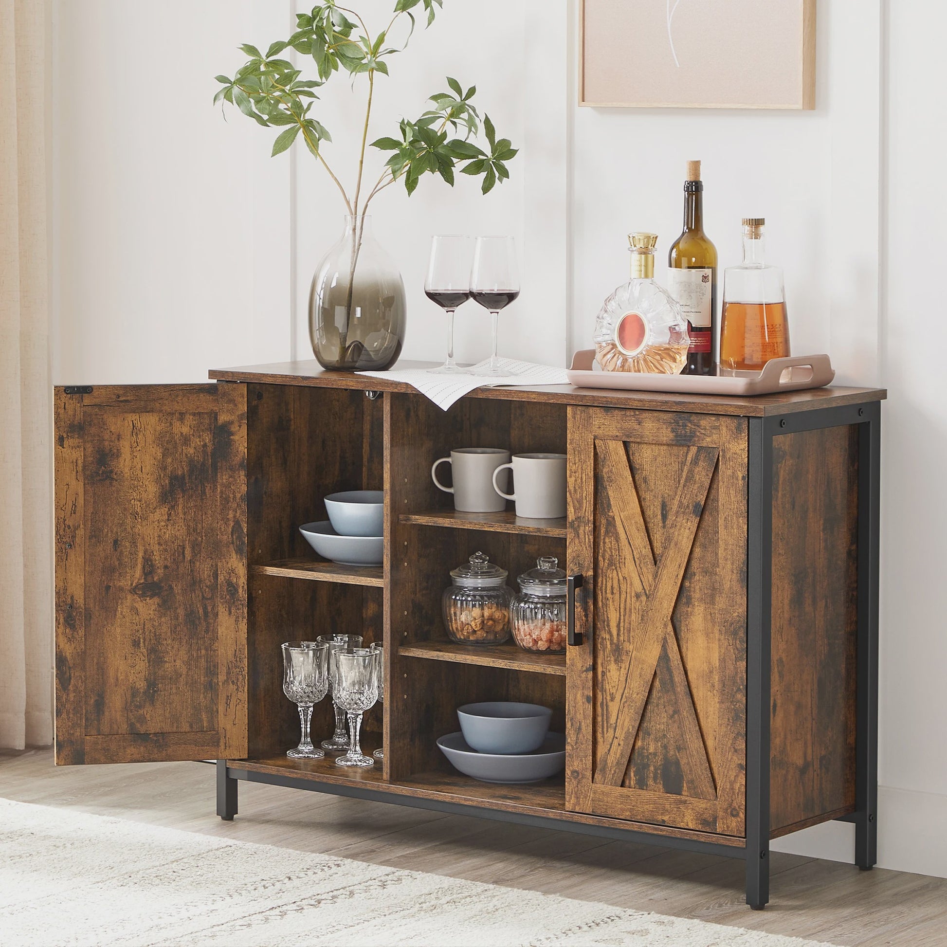 VASAGLE Sideboard Keukenkast met Open Planken - 100x35x70 cm - Rustiek Hout & Zwart Metaal