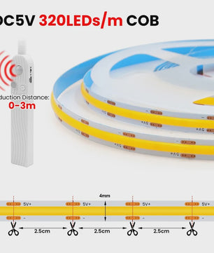 COB LED Strip met PIR Bewegingssensor - Flexibel, Zelfklevend, Batterijgevoed (5V)