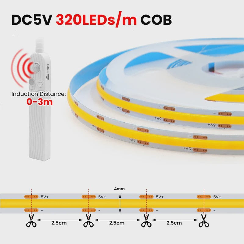 COB LED Strip met PIR Bewegingssensor - Flexibel, Zelfklevend, Batterijgevoed (5V)