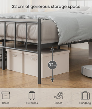 Zwart Metalen Bedframe 140x190cm met Hoofdbord, Voetbord en 32cm Opbergruimte