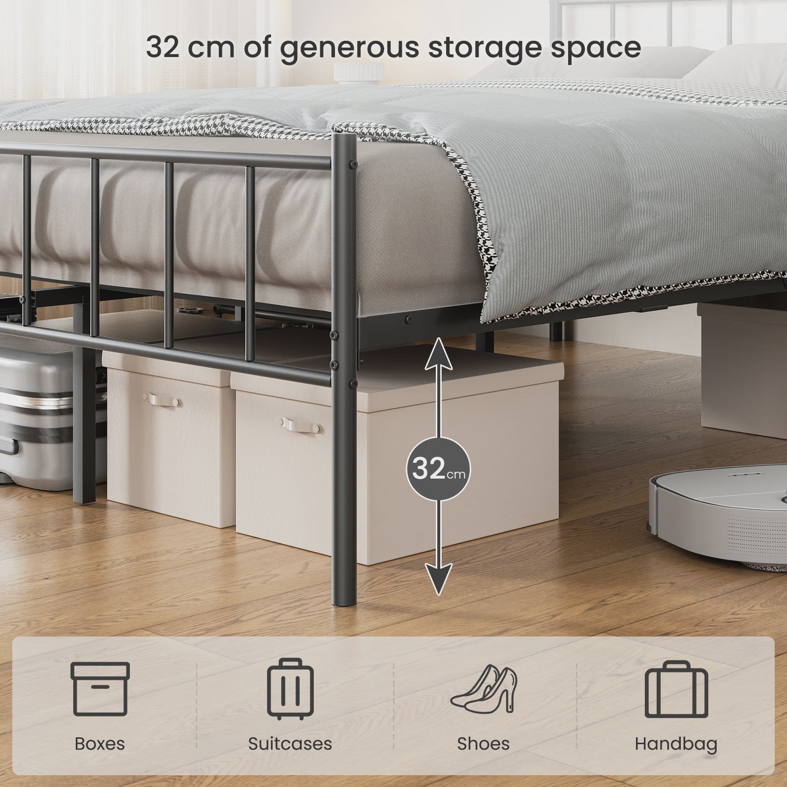 Zwart Metalen Bedframe 140x190cm met Hoofdbord, Voetbord en 32cm Opbergruimte