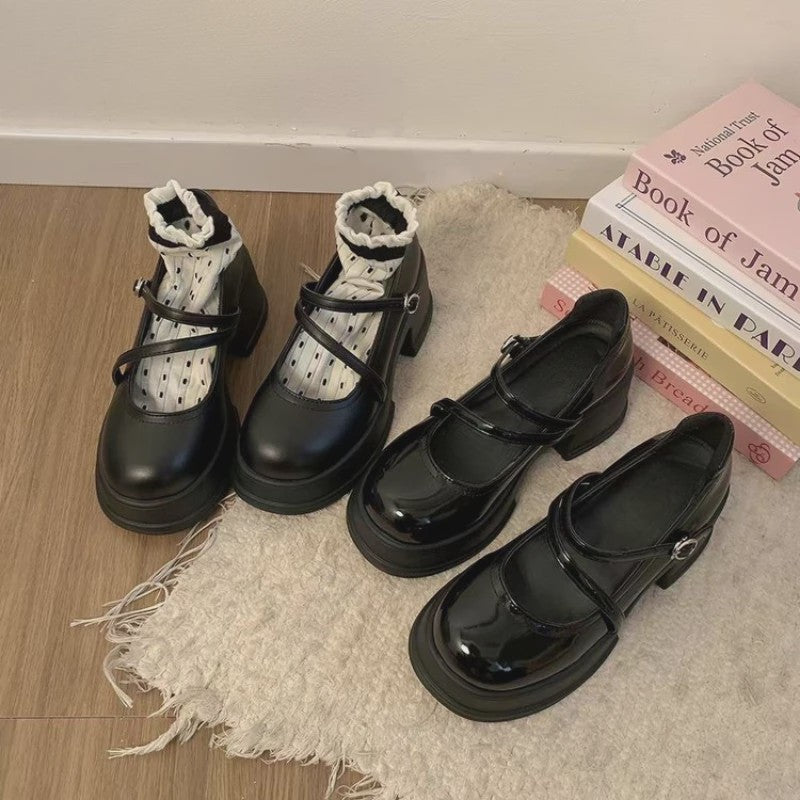 Dames Mary Jane Platform Schoenen met Blokhak en Kruisband - Vintage Gothic Stijl