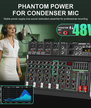 FULUODE V-600 Professionele 6-Kanaals Mixer met 320 DSP Effecten, Bluetooth & 48V Fantoomvoeding