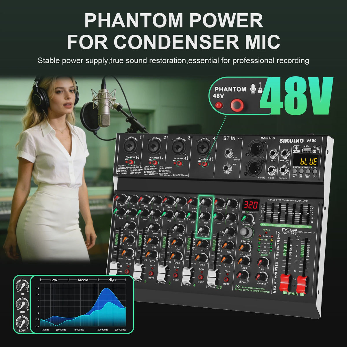 FULUODE V-600 Professionele 6-Kanaals Mixer met 320 DSP Effecten, Bluetooth & 48V Fantoomvoeding
