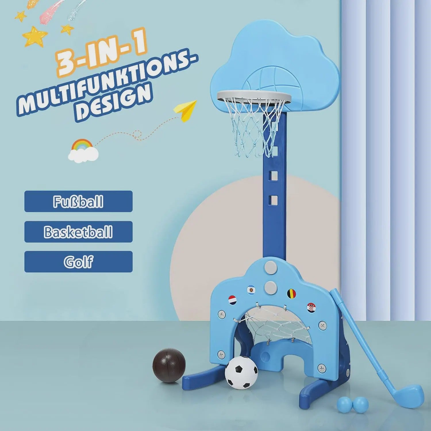 3-in-1 Kinder Speeltoestel: Basketbal, Voetbal & Golf met Verstelbare Hoogte
