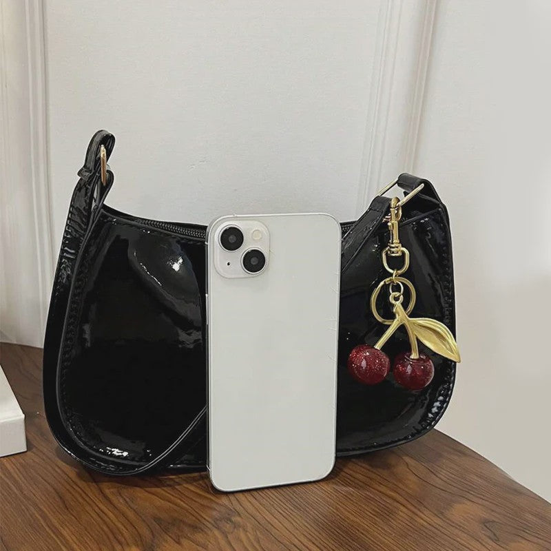 Retro PU Leren Schoudertas Dames met Kersenhanger - Vintage Crossbody Tas