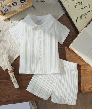 2026 Spring Summer Baby Boy Textured&Ribbed Short Sleeve Shirt & Shorts2-Piece Sets2-6Years: Soft Fabric Easy Wear Home Outdoor
