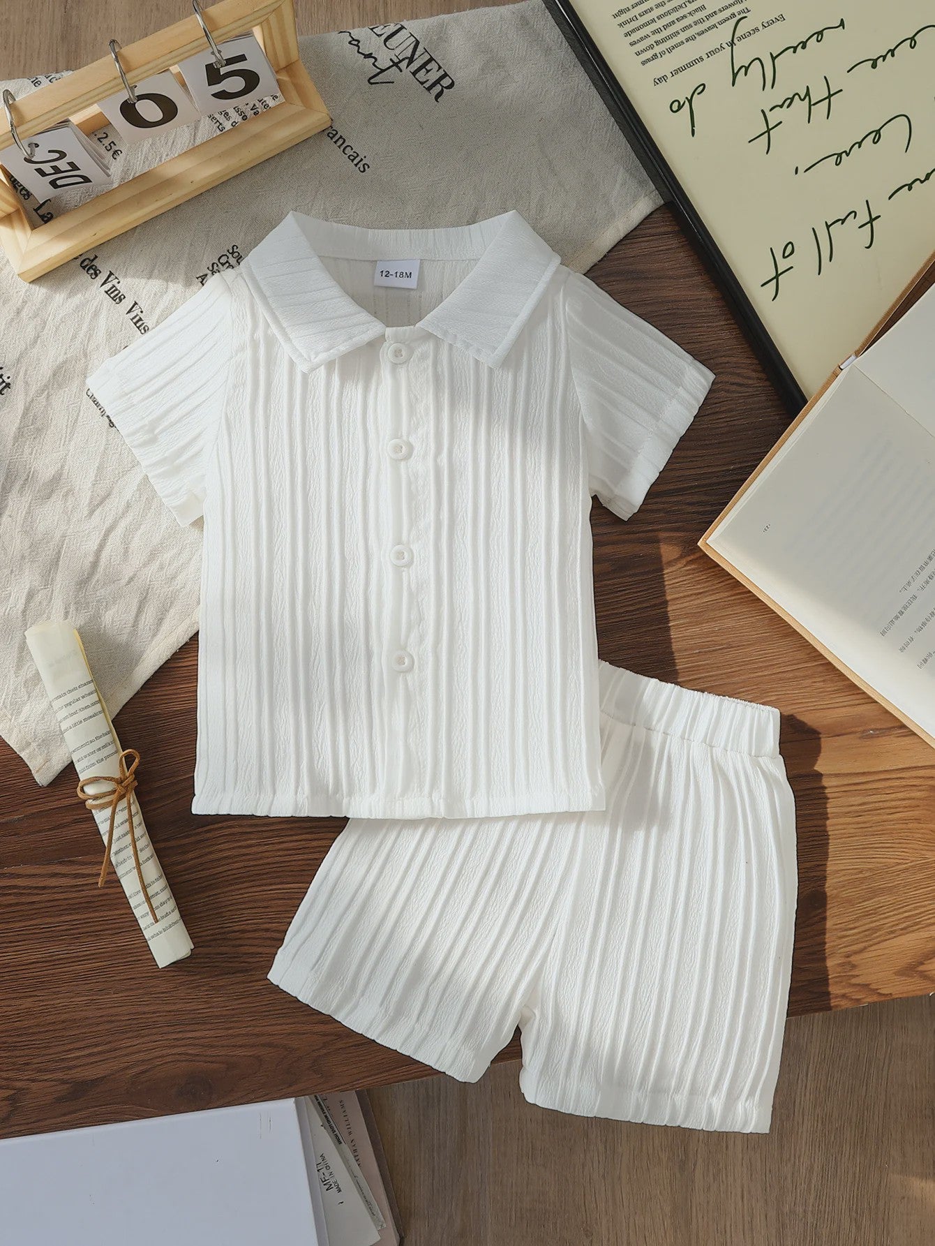 2026 Spring Summer Baby Boy Textured&Ribbed Short Sleeve Shirt & Shorts2-Piece Sets2-6Years: Soft Fabric Easy Wear Home Outdoor