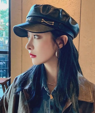 Klassieke Zwarte PU Lederen Baret met Vizier - Retro Stijl Pet voor Dames