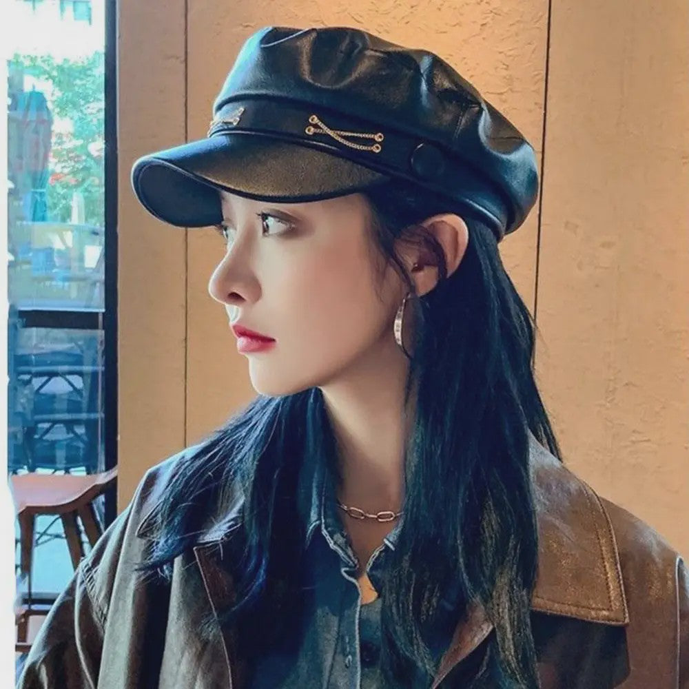 Klassieke Zwarte PU Lederen Baret met Vizier - Retro Stijl Pet voor Dames
