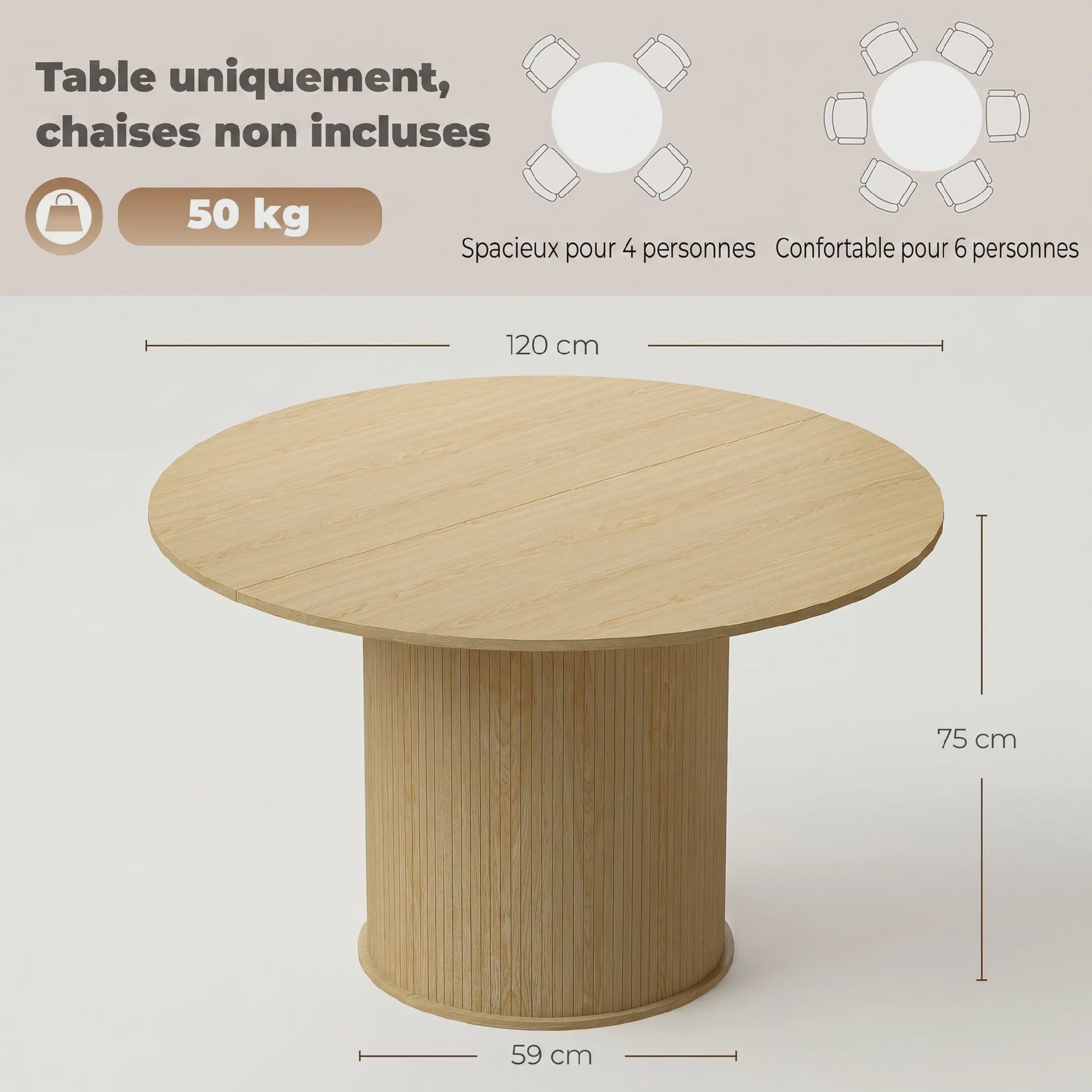 Ronde Eettafel voor 4-6 Personen, Ø 120 cm, Natuurlijk Hout Design