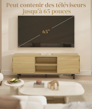 HOMCOM TV Meubel 160cm - Stijlvolle TV-kast met 2 deuren, open vakken & metalen poten - Geschikt voor TV's tot 65 inch - Naturel Hout
