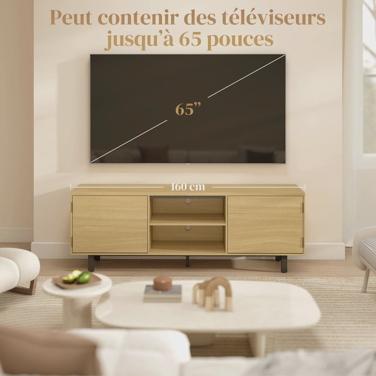 HOMCOM TV Meubel 160cm - Stijlvolle TV-kast met 2 deuren, open vakken & metalen poten - Geschikt voor TV's tot 65 inch - Naturel Hout