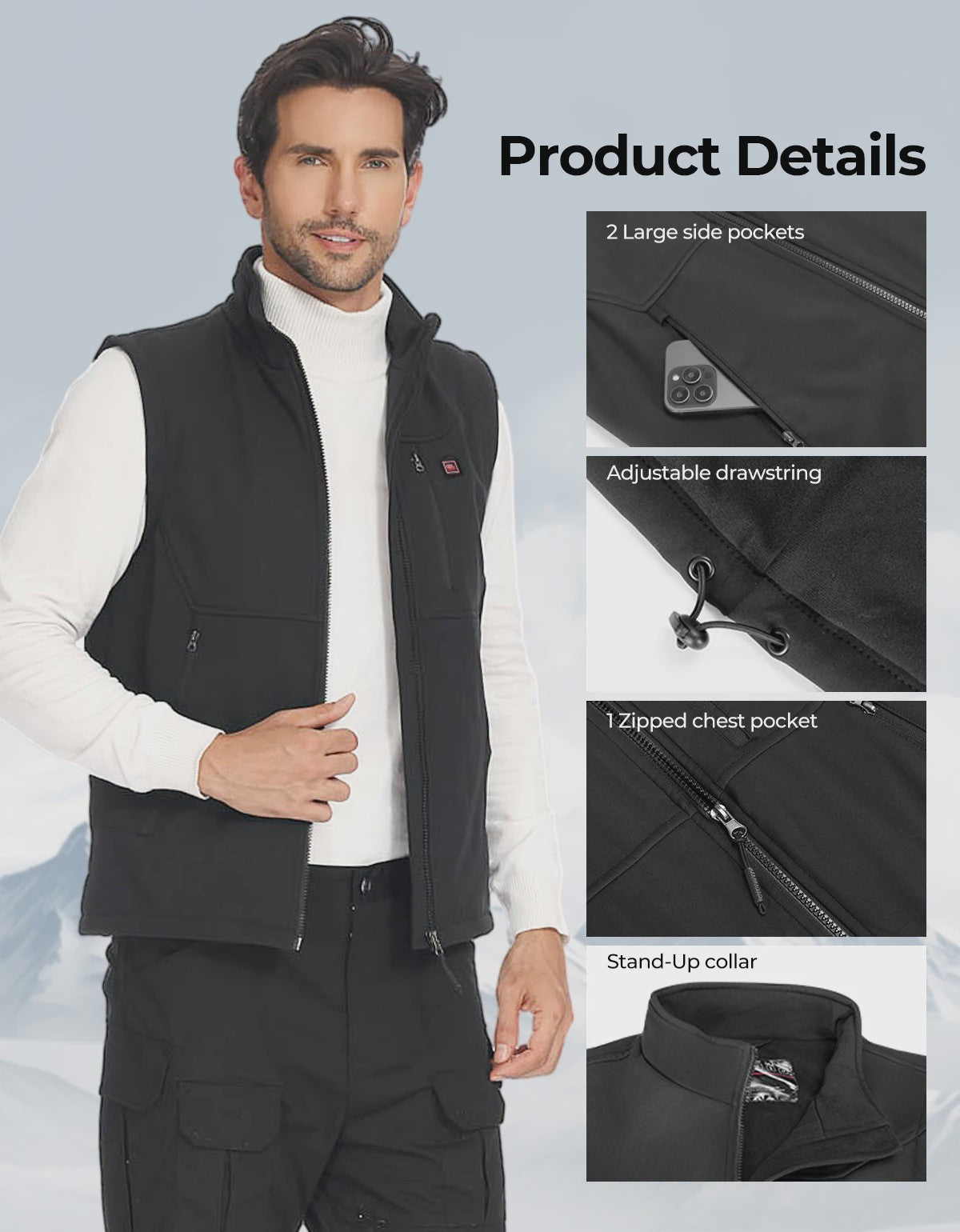 KEMIMOTO Elektrisch Verwarmd Vest Unisex - 6 Zones, 10000mAh Accu, App Bediening