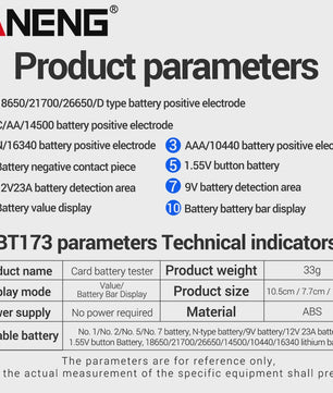 Universele Batterij Tester ANENG BT173 - Digitale Batterij Detector voor AA, AAA, C, D, 9V en Knoopcel Batterijen