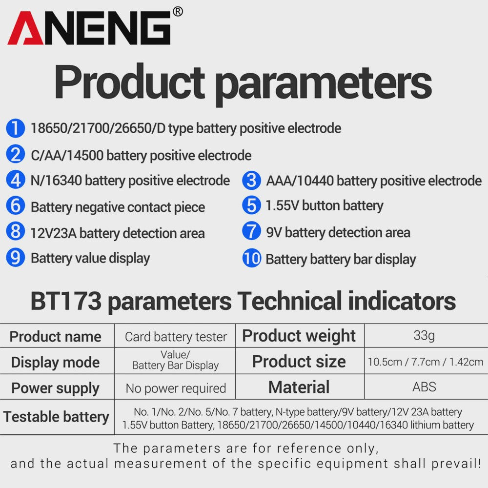 Universele Batterij Tester ANENG BT173 - Digitale Batterij Detector voor AA, AAA, C, D, 9V en Knoopcel Batterijen