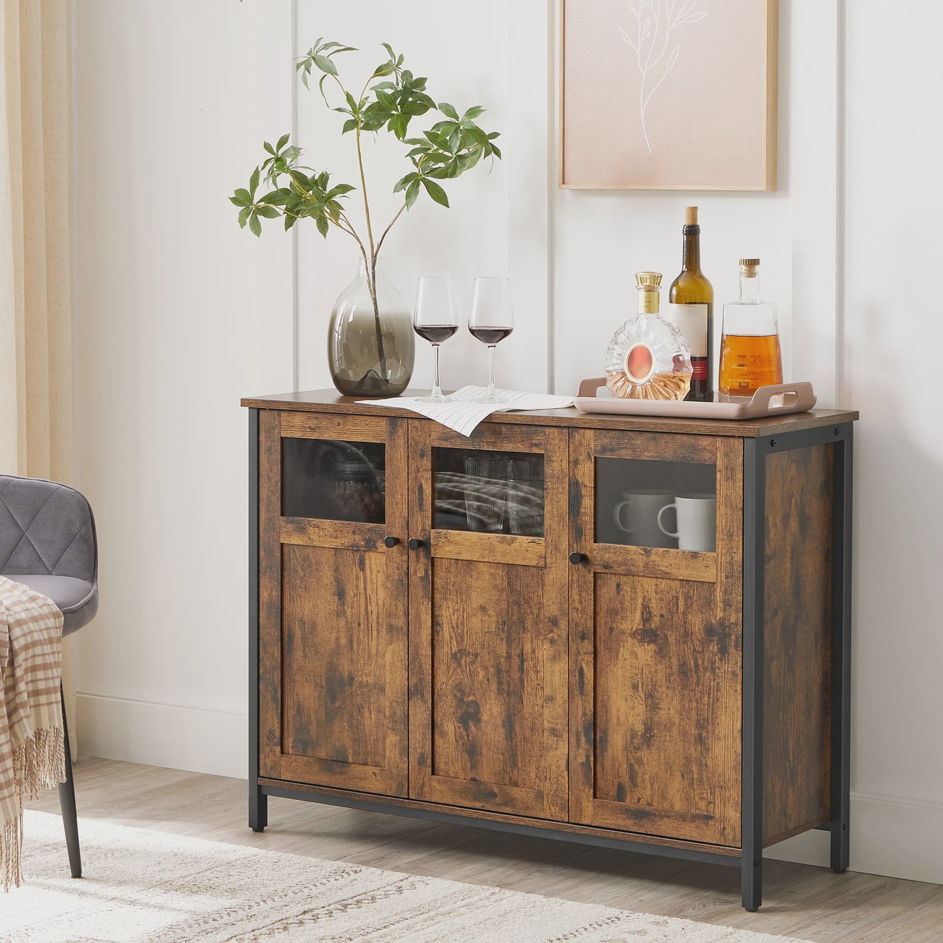 Industrieel Sideboard met Glazen Deuren - 100x35x75 cm