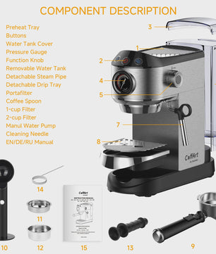 BioloMix Espressomachine 20 Bar RVS met Stoompijpje - Semi-Automatisch