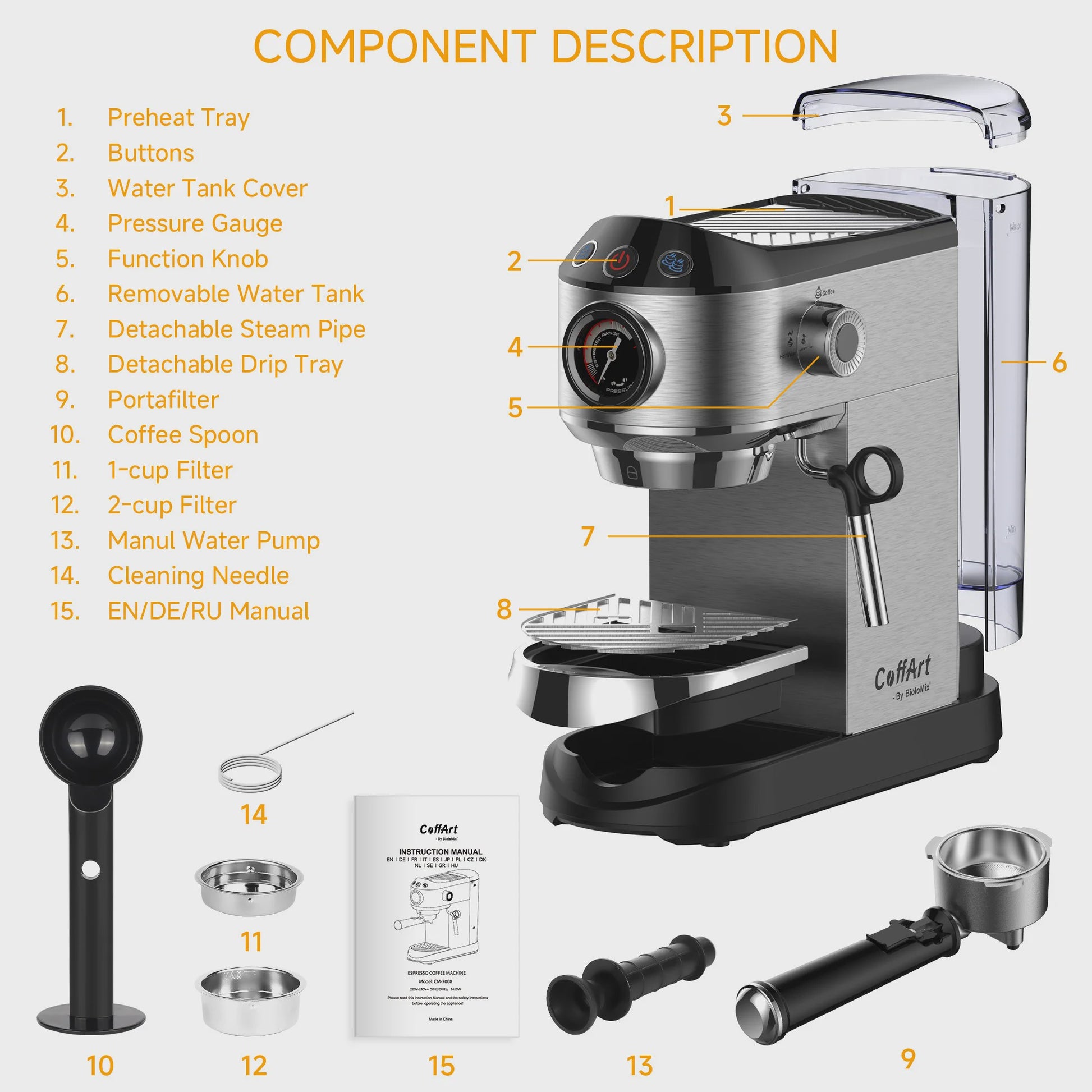 BioloMix Espressomachine 20 Bar RVS met Stoompijpje - Semi-Automatisch