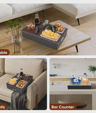 Bamboo Couch Tray, Couch Bar Snack Box Wine Glass Holder,Couch Butler with Stainless Steel Snack Trays,Tv Tray Table