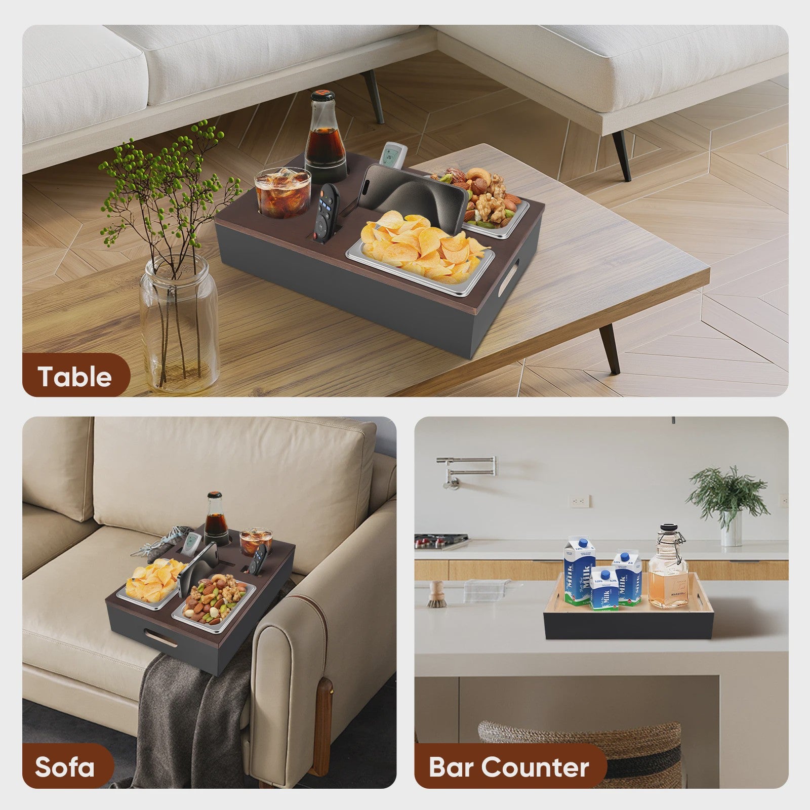 Bamboo Couch Tray, Couch Bar Snack Box Wine Glass Holder,Couch Butler with Stainless Steel Snack Trays,Tv Tray Table
