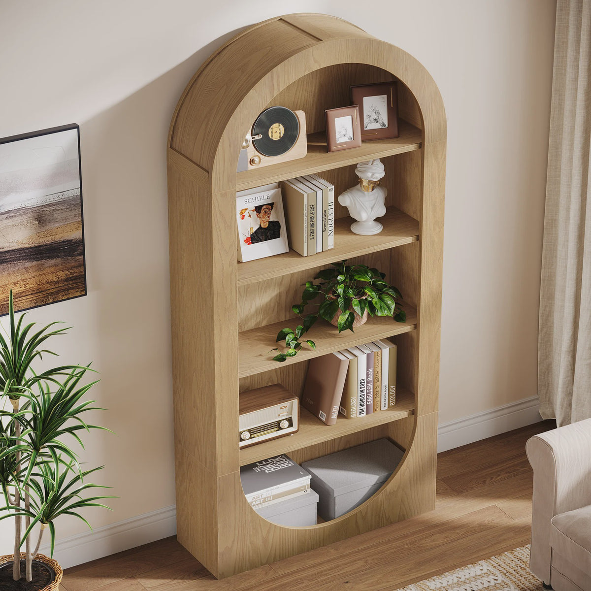 Hoge Boekenkast met 5 etages en boogontwerp - Stijlvolle Houten Displaykast