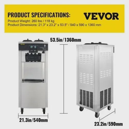 VEVOR Professionele Soft IJsmachine met 2+1 Smaken - 2200W