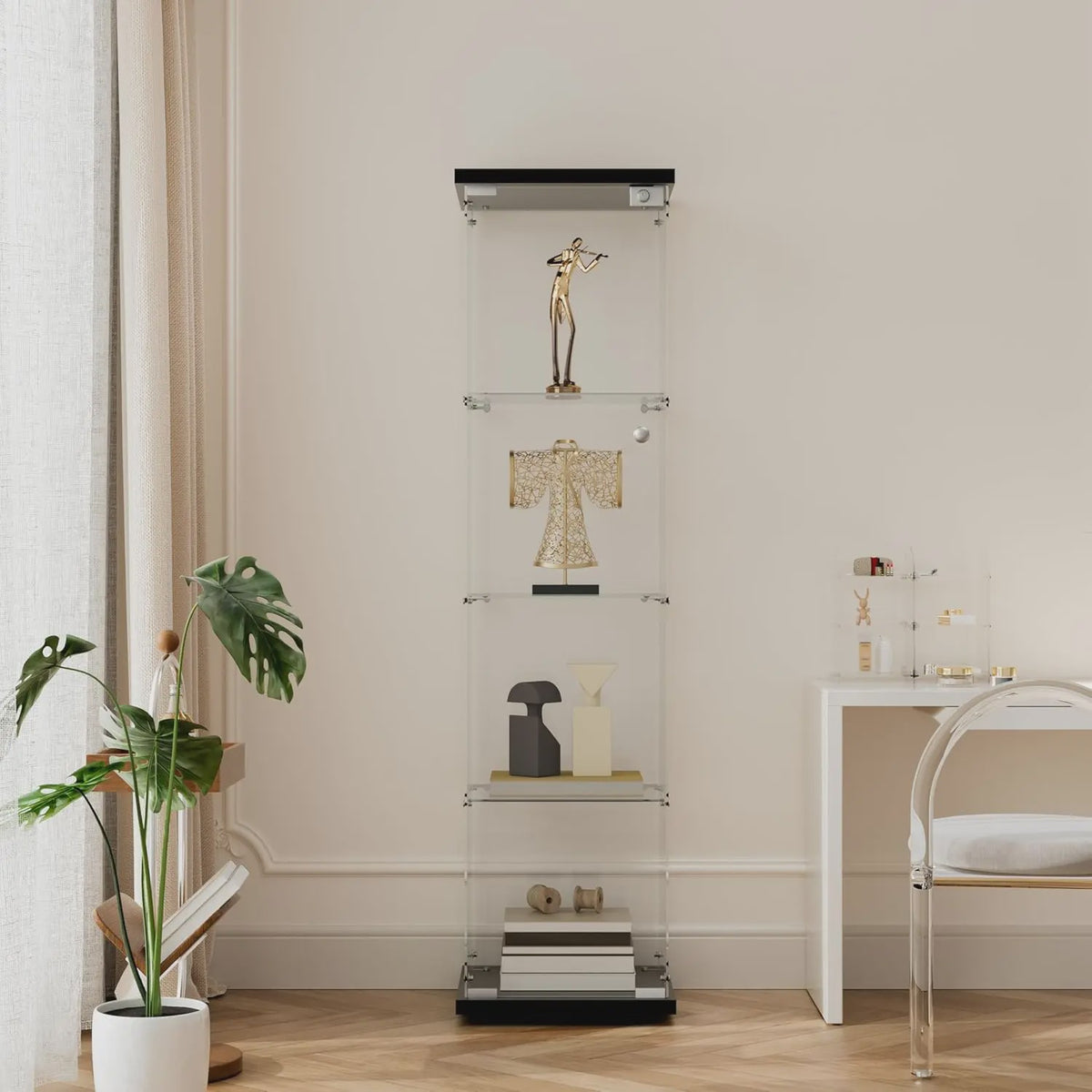 Glazen Vitrinekast met LED Verlichting, 4 Planken, 2 Deuren - Zwart/Wit
