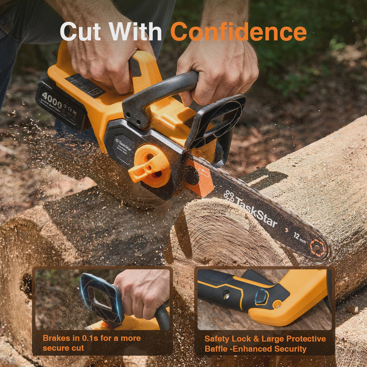 TaskStar 12-Inch Accu Kettingzaag - Krachtig, Borstelloos & Automatische Olie - Incl. 2x 4000mAh Batterijen