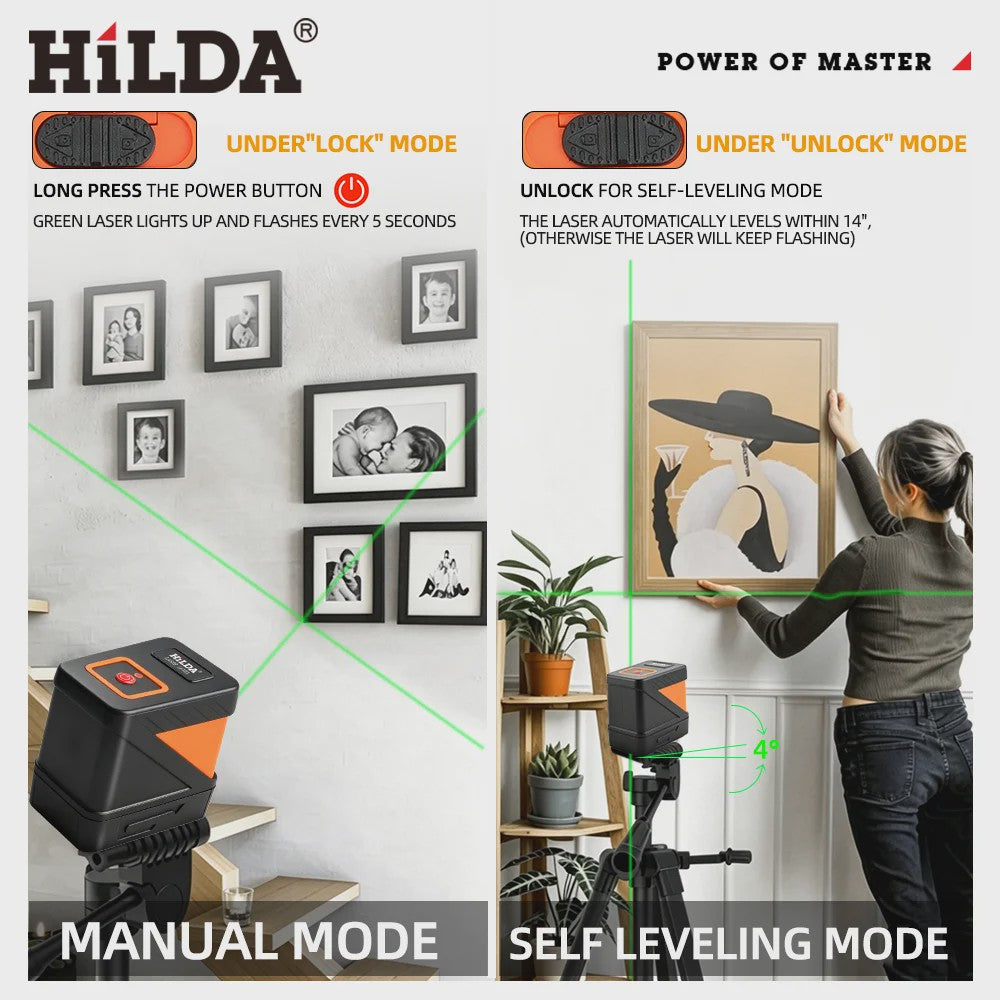 HILDA Mini Groen Laserwaterpas - 2 Lijnen Zelfnivellerend voor Precisie Klussen