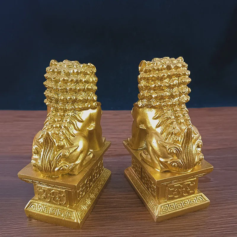 Set van 2 Chinese Leeuwen Beelden - Fu Dogs - Brons & Jade Steen Look