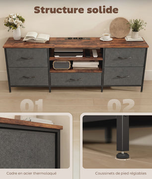 HOMCOM TV Meubel 140cm met 5 Lades, Open Planken en Laadstation - Rustiek Bruin