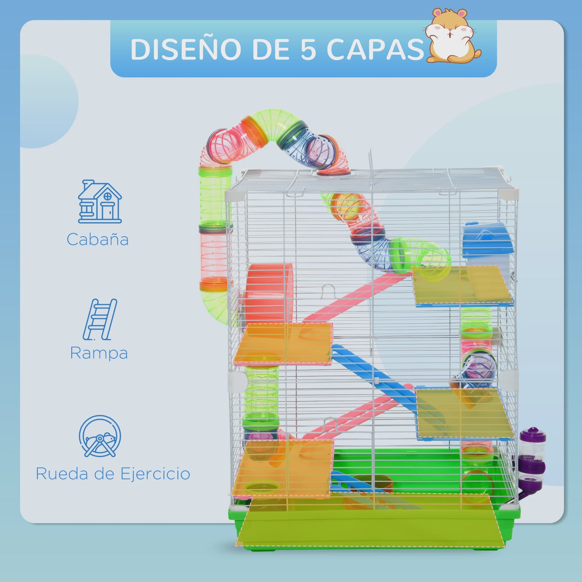 Ruime Hamsterkooi met Tunnels, Platforms, Wieltje en Accessoires (46x30x58 cm)