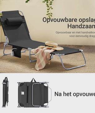 Set van 2 Loungestoelen - Opvouwbaar, Comfortabel met Kussen en Zijvak - Tuin & Terras