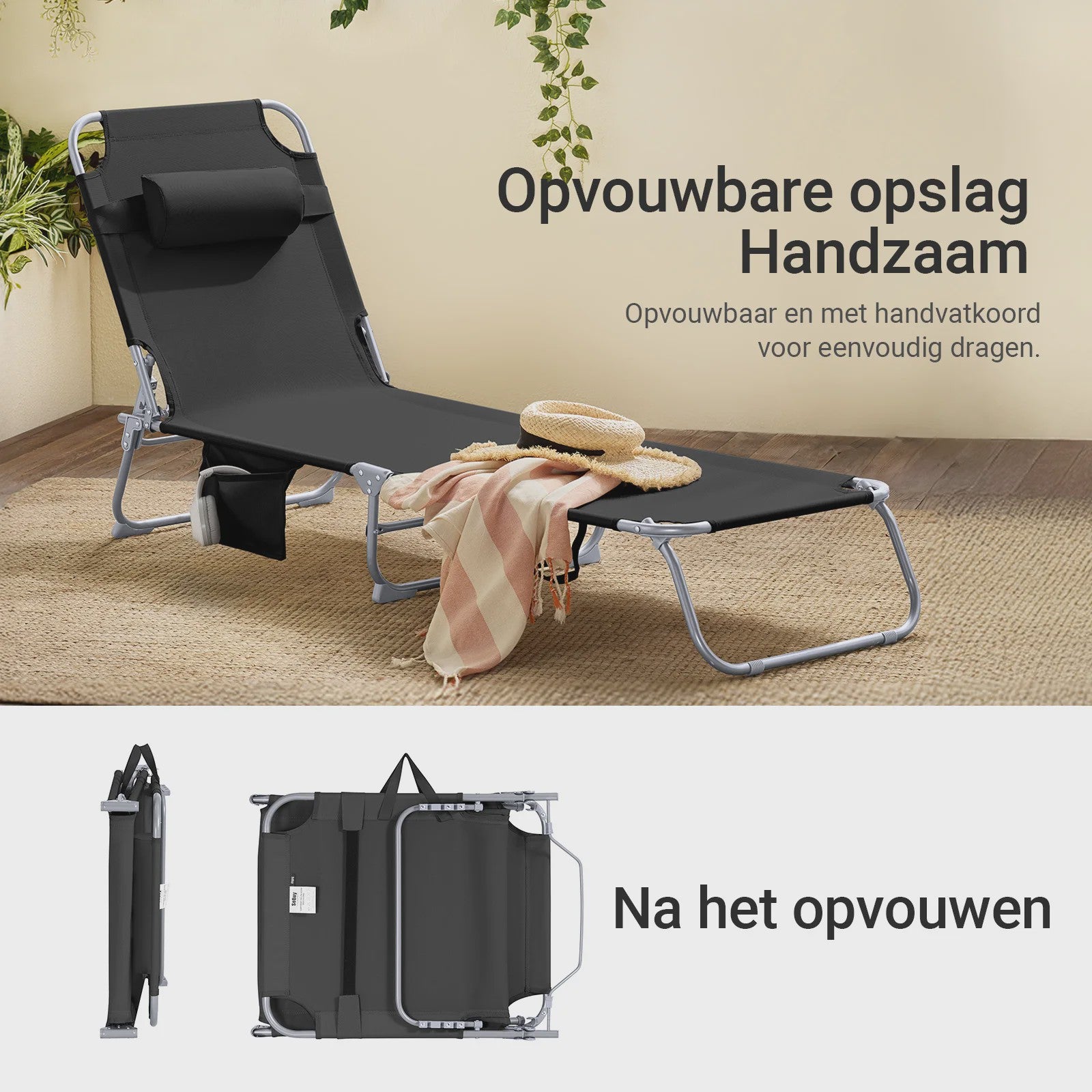 Set van 2 Loungestoelen - Opvouwbaar, Comfortabel met Kussen en Zijvak - Tuin & Terras