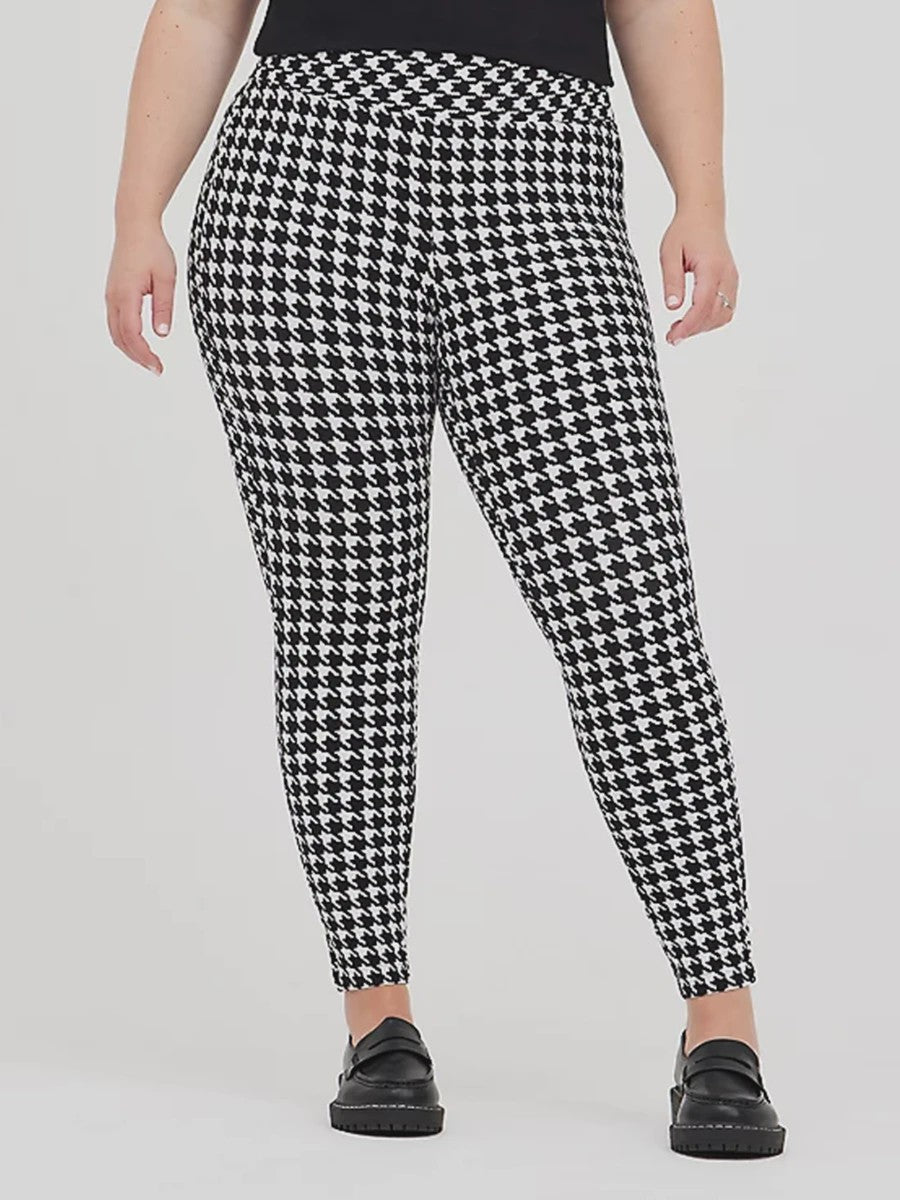 Plus Size Leggings Dames met Pied-de-Poule Print - Hoge Taille Capri Broek
