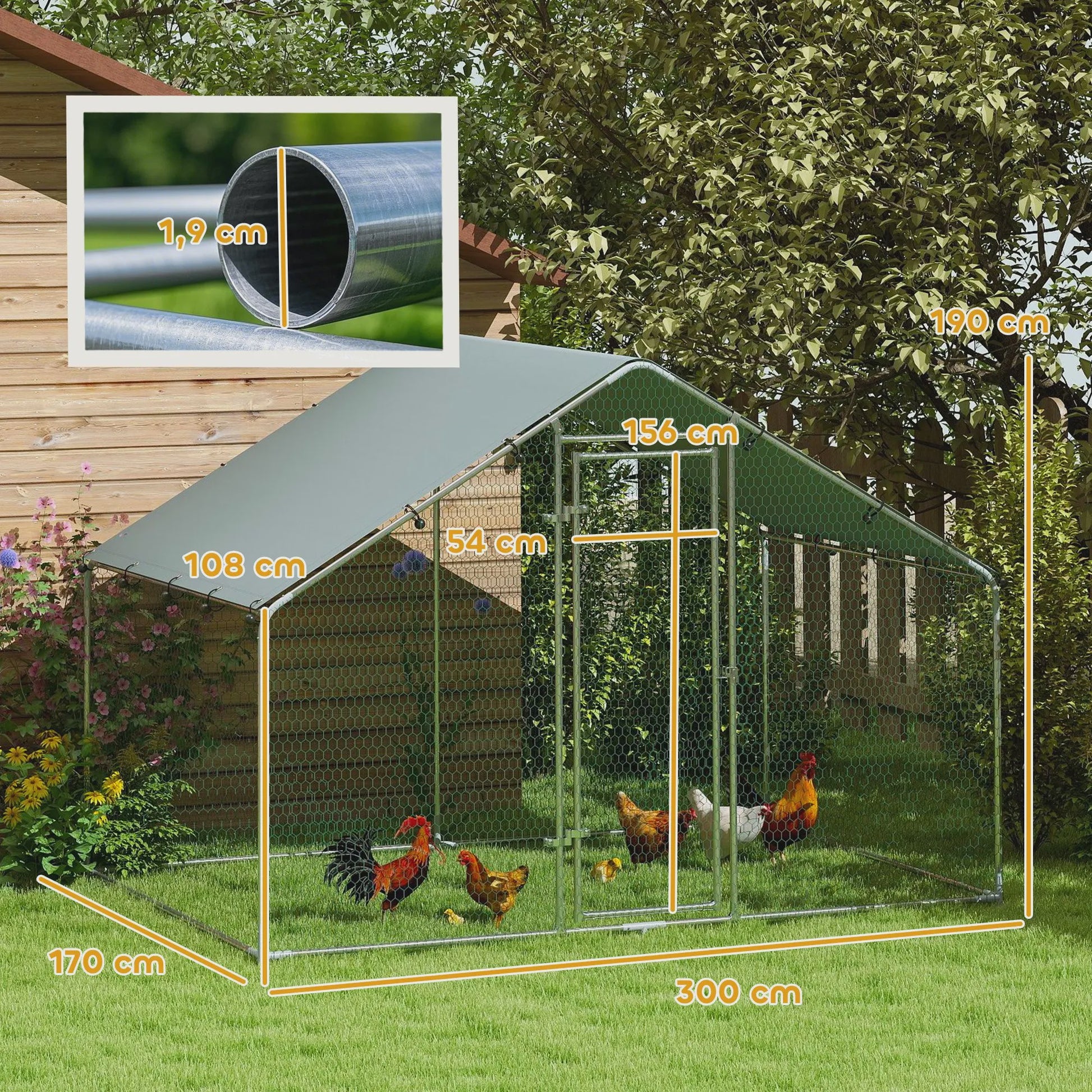 PawHut Groot Kippenhok met Ren - 5.1 m² - Waterdicht & UV-bestendig - Grote Volière voor 5-8 Kippen