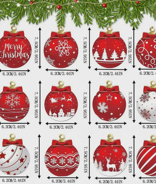 12x Houten Kerstballen Ornamenten Rood Wit - Feestelijke Winter Decoratie