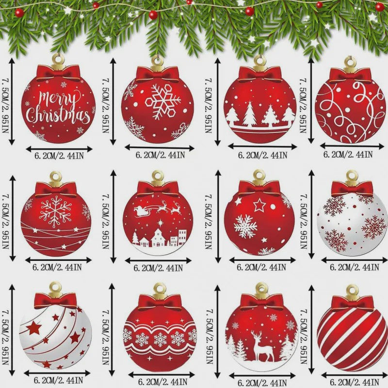 12x Houten Kerstballen Ornamenten Rood Wit - Feestelijke Winter Decoratie
