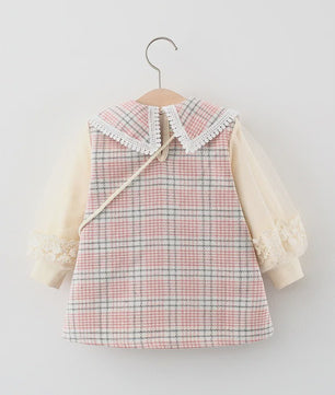 Schattige Baby Meisjes Jurk met Ruitpatroon, Kant en Lange Mouwen - Lente/Herfst