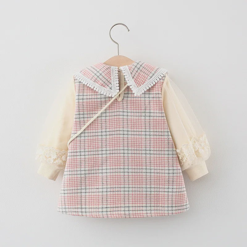 Schattige Baby Meisjes Jurk met Ruitpatroon, Kant en Lange Mouwen - Lente/Herfst