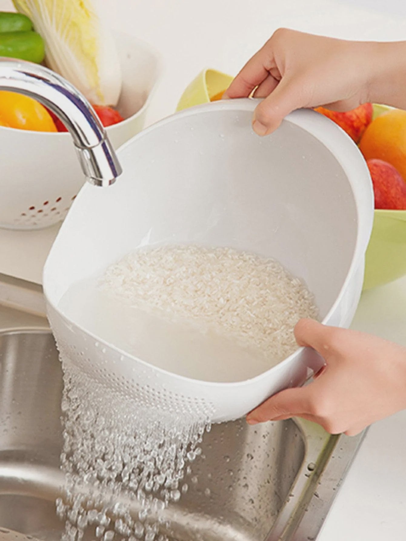 Dubbele Afvoerkom met Handvat: Rijst, Fruit & Groenten Wassen en Afgieten