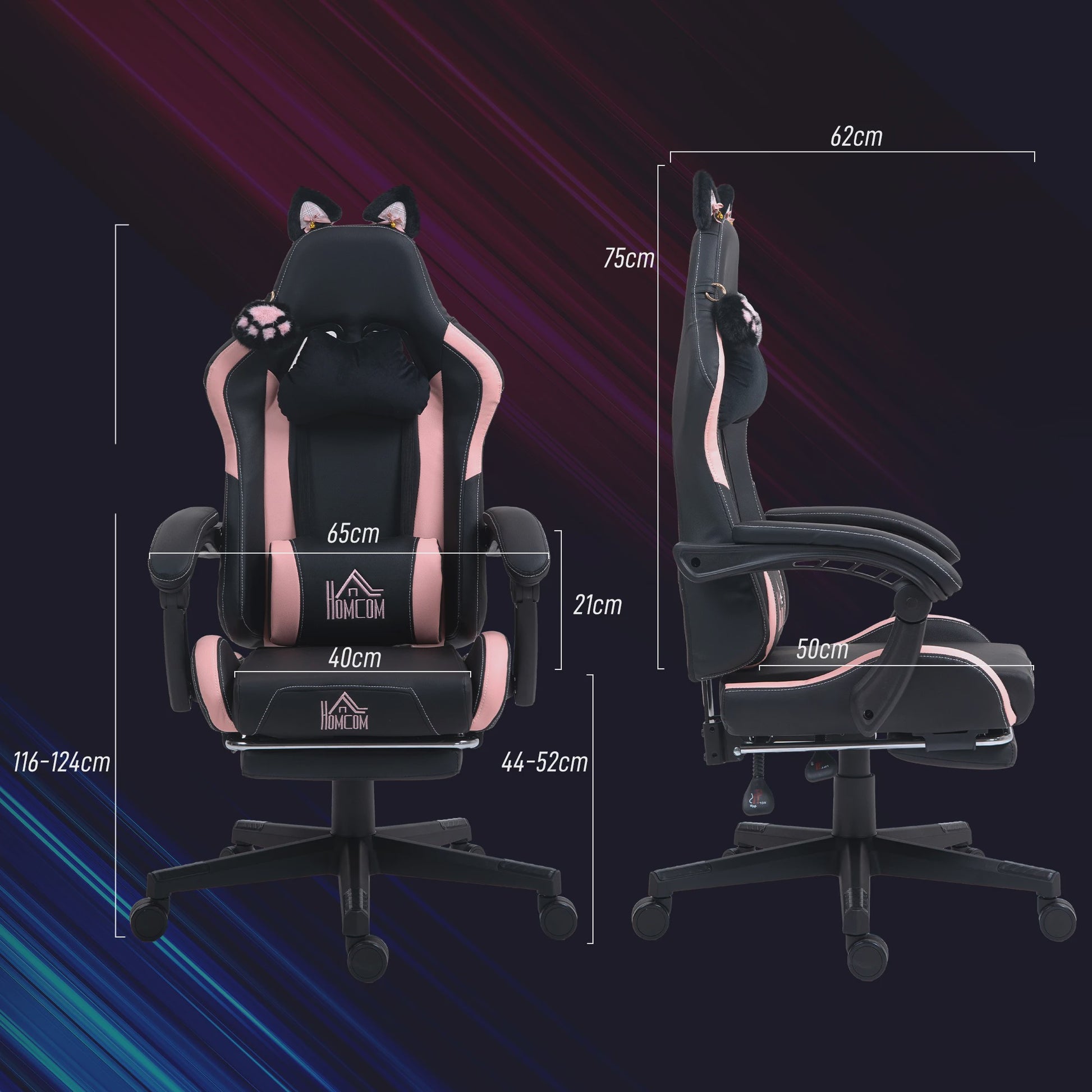 HOMCOM Ergonomische Gaming Stoel met Kattenoren - Verstelbaar & Comfortabel - Zwart