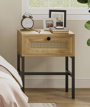Nachtkastje Rotan Hout met Lade - Boho Bijzettafel met Metalen Frame